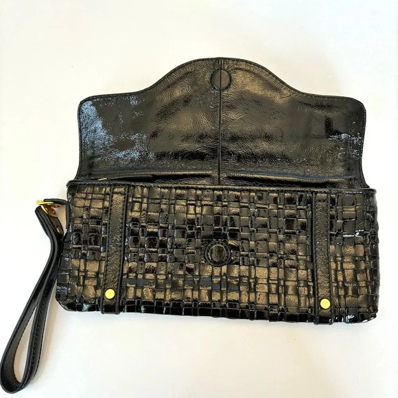 Elliott Lucca Woven Black Patent Leather Zip Top Foldover Large Clutch Wristlet - Picture 7 of 11